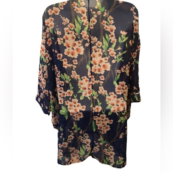 Floral Kimono Sheer Blue Pink Open Concept Short Sleeve Flowing Summer Sz M - Picture 5 of 5